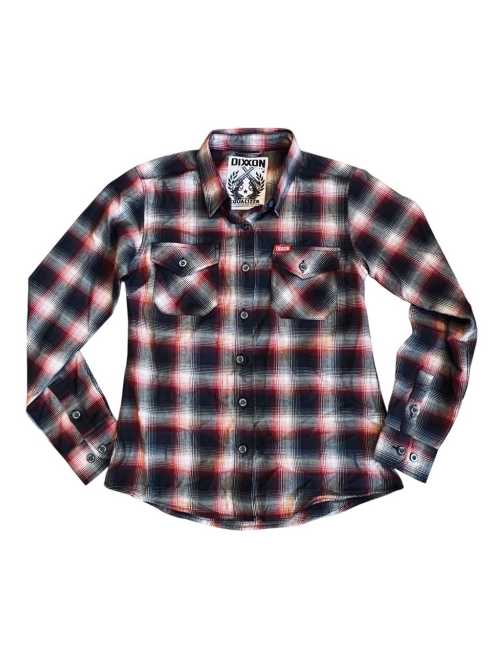 Dixxon Women’s Sz M Red Black Plaid Flannel Button Front Shirt Equalizer Casual